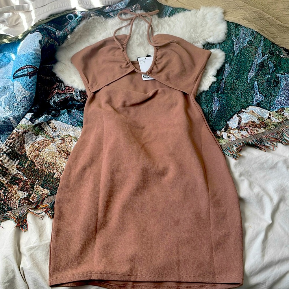 H&M Divided Curvy fit Brown Body-con Dress with Halter-neck Tie